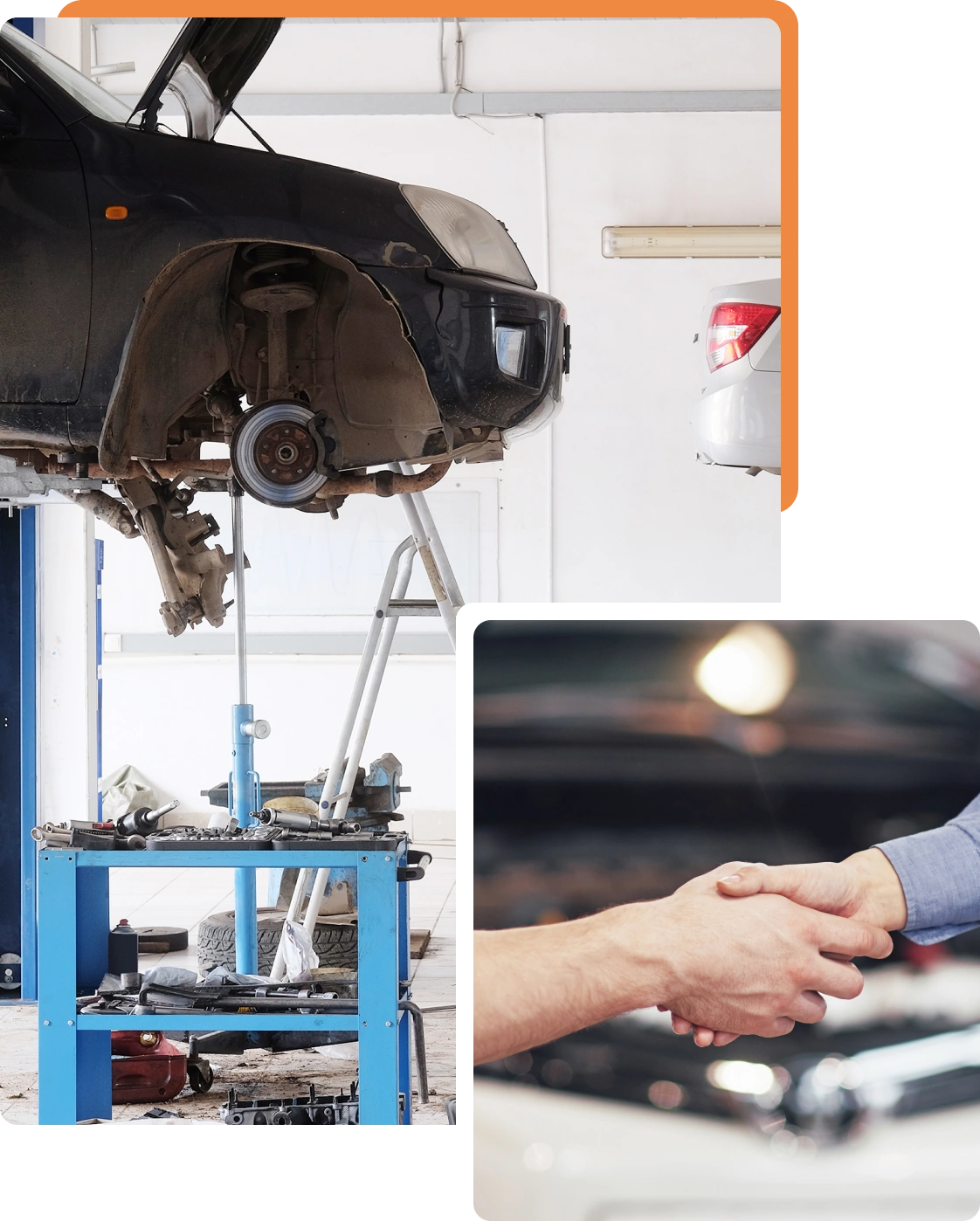 An elevated car being repaired with another photo on top that shows a handshake