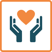 a teal and orange two-tone icon of a pair of hands holding up a heart