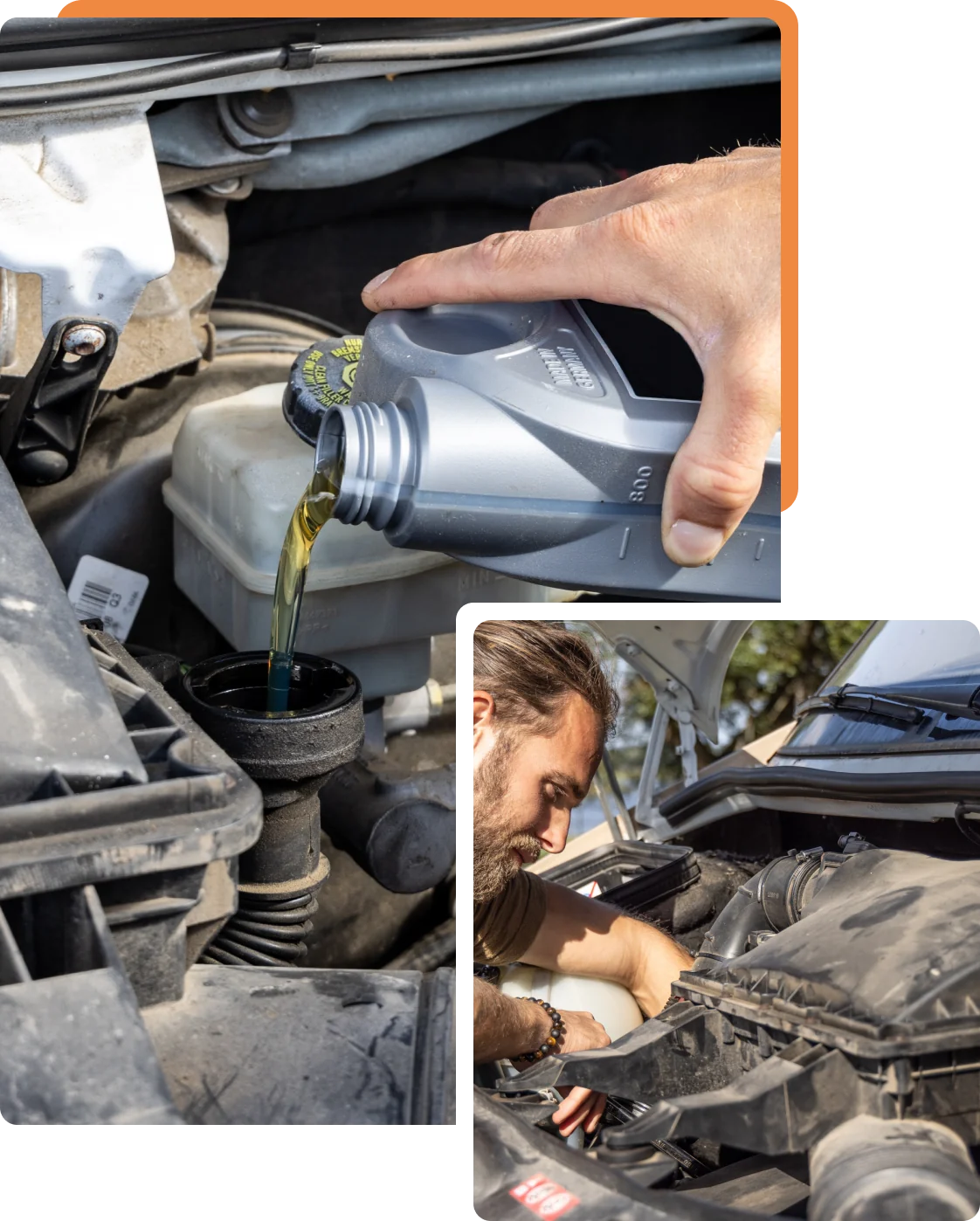 fleet maintenance, auto repair in Rochester, MN at Encompass Auto Care. An image of a hand pouring engine oil and a smaller image at the bottom right of a mechanic working on an engine