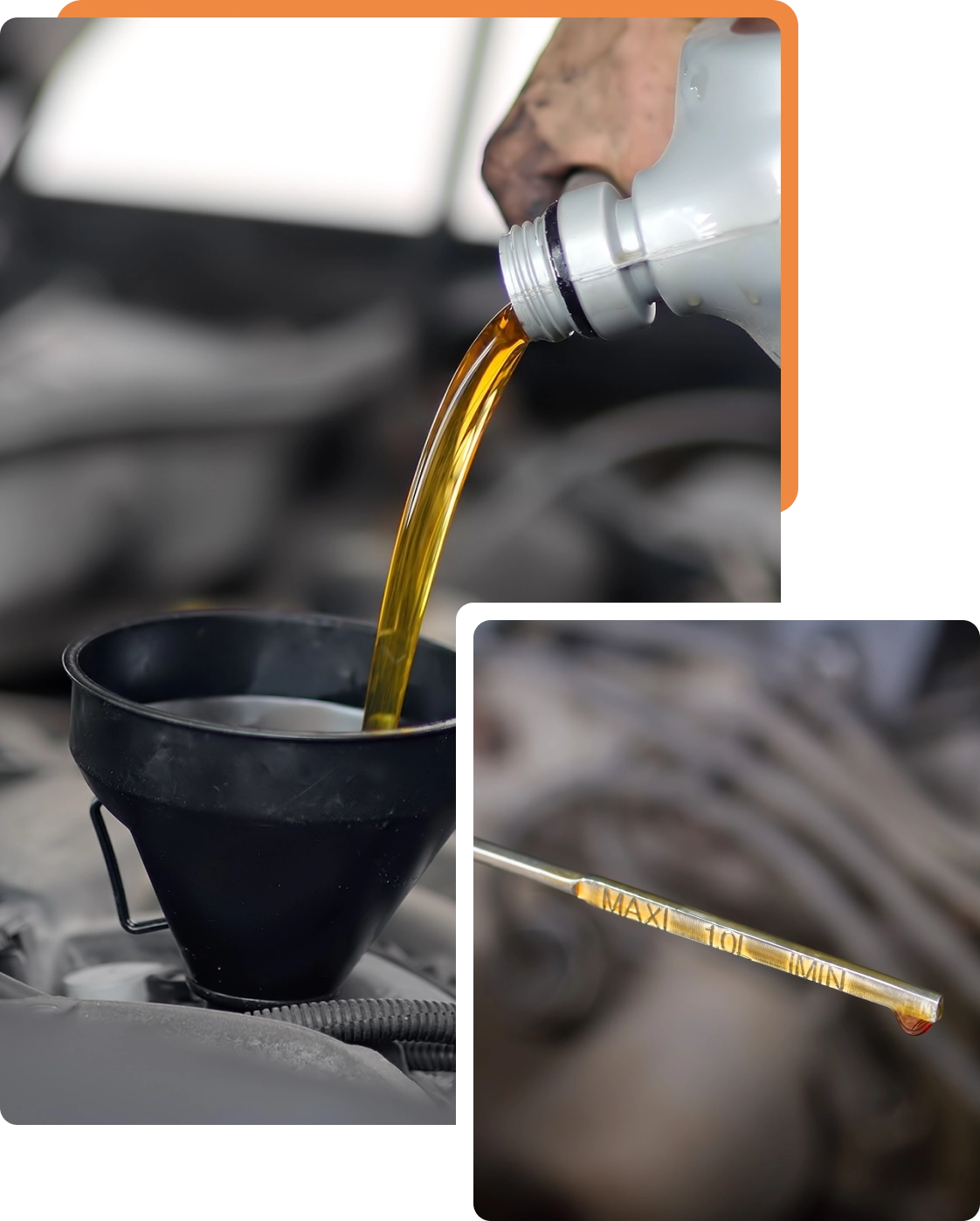 Oil Change, auto repair in Rochester, MN at Encompass Auto Care. engine oil pouring into a black funnel