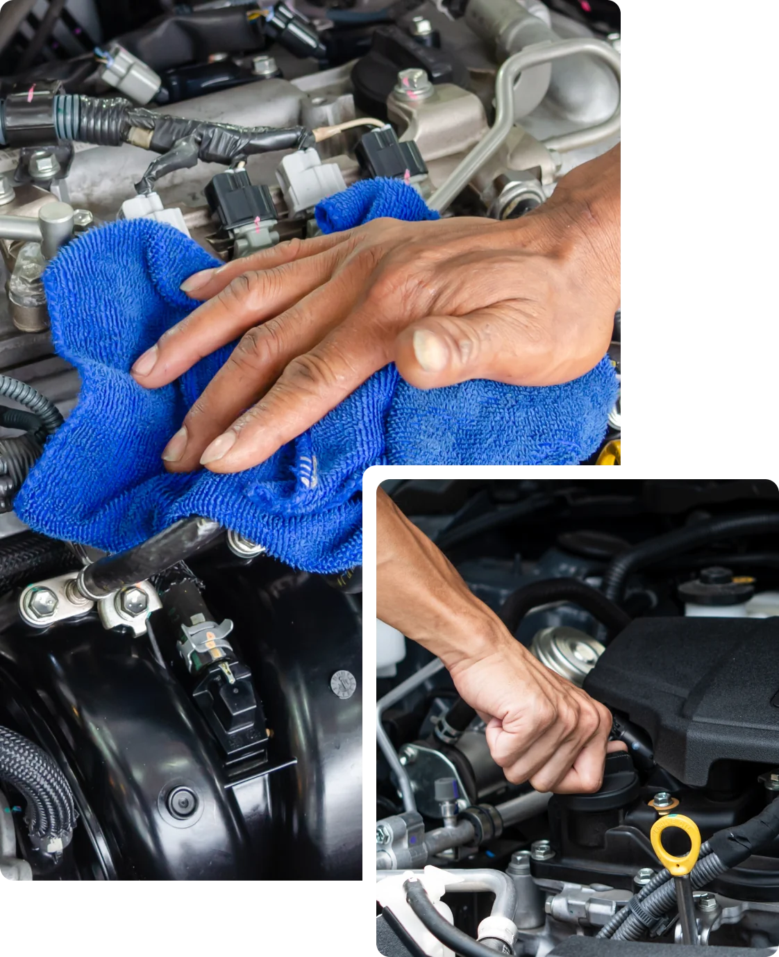 Preventative Maintenance, auto repair in Rochester, MN at Encompass Auto Care. a person holding a blue rag over the engine in a wiping motion