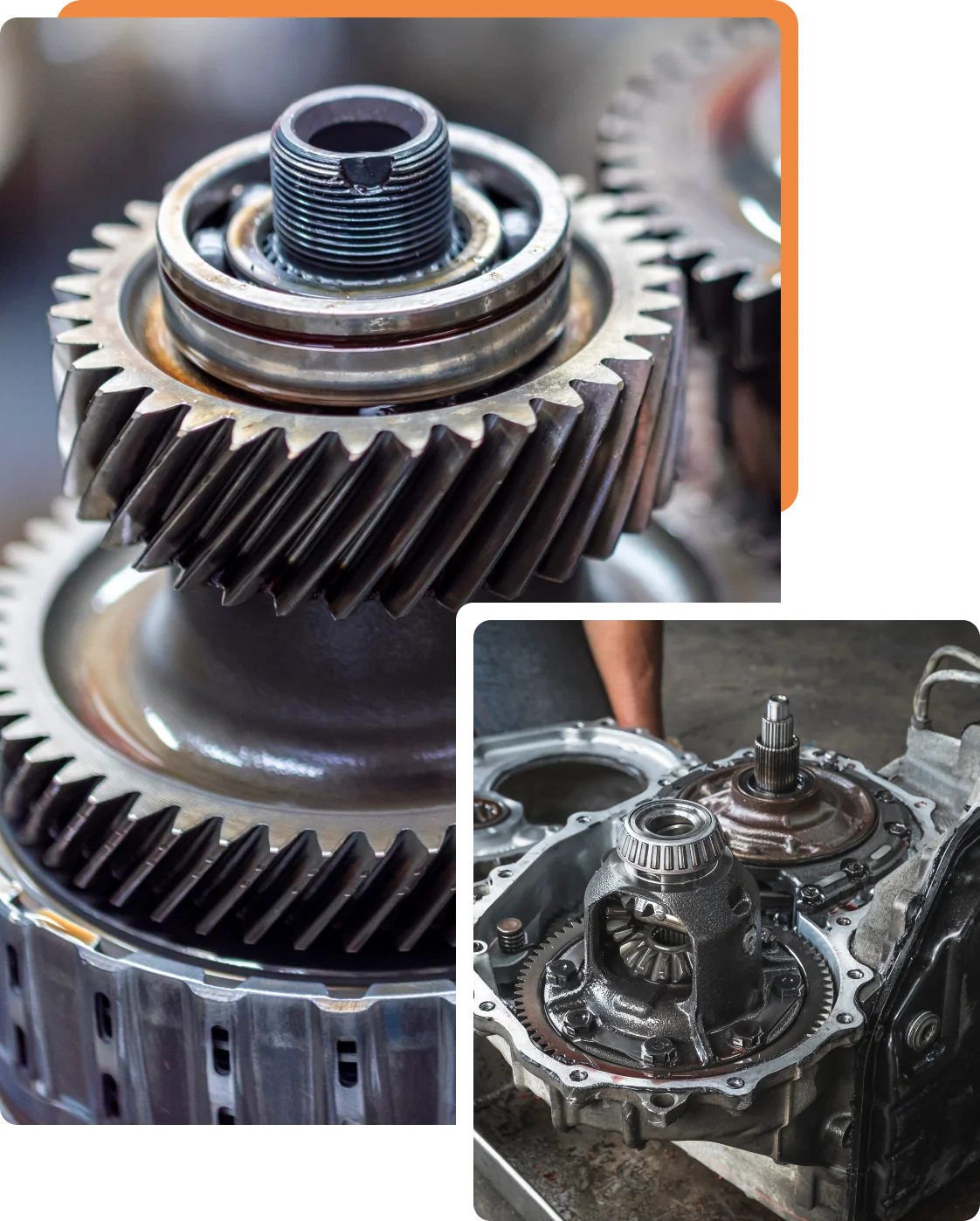 transmission services, auto repair in Rochester, MN at Encompass Auto Care. Close-up of metal gears and bearings, with a person working on a car transmission system in the background.